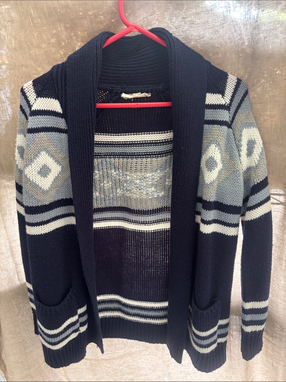 Pink Republic Men's Navy and Cream Geometric Shawl Collar Cardigan